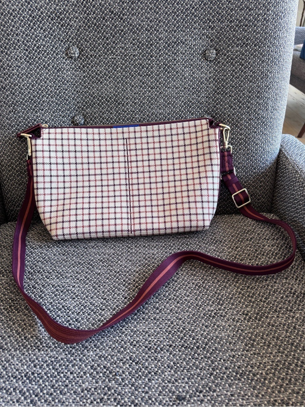 Rothy's The Daily Crossbody in the Malbec Grid pattern